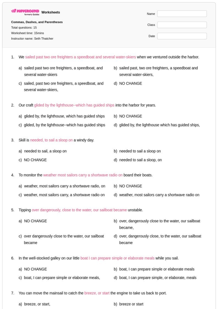 Punctuating a Pause: Commas and Dashes Worksheet Image 15 Worksheet on using commas and dashes to indicate pauses in writing for eighth graders