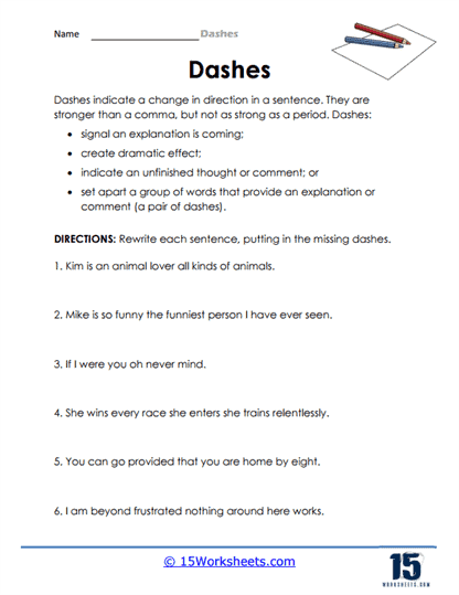 Punctuating a Pause: Commas and Dashes Worksheet Image 23 Worksheet focused on the use of commas and dashes for eighth-grade students