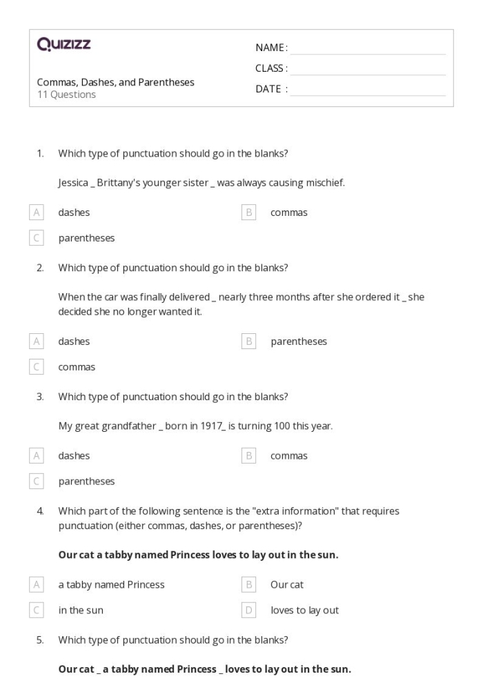 Engaging worksheet on the differences between commas and dashes Punctuating a pause with commas and dashes worksheet for eighth graders