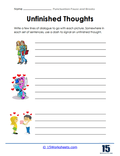 Practice worksheet for eighth graders on inserting dashes to create pauses in sentences Eighth grade students completing a worksheet on using dashes to show pauses in sentences