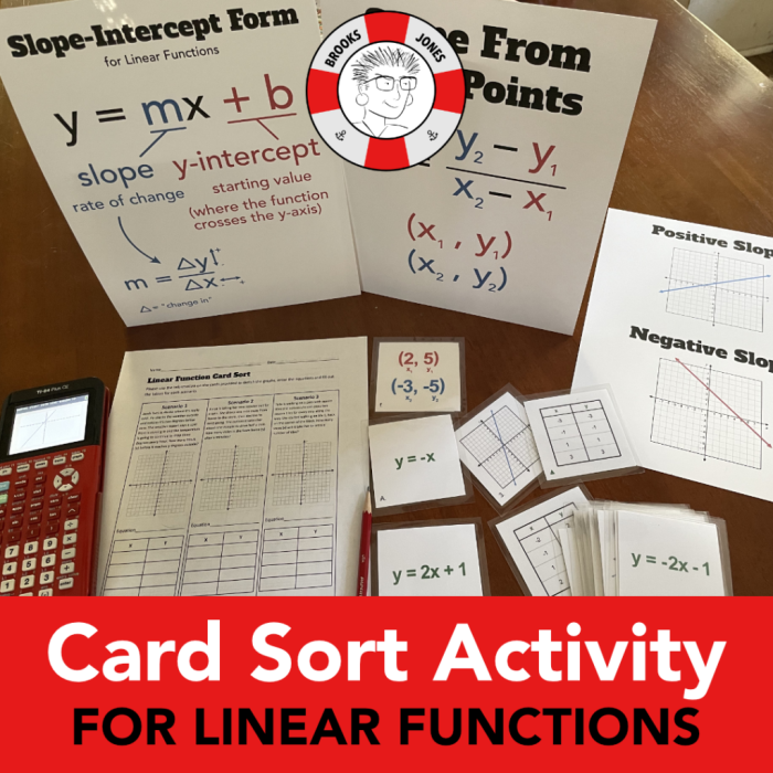 Eighth grade students sorting cards to match different linear function representations in a civics class