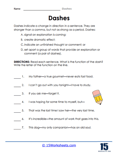 Practice using one or two dashes in sentences to create pauses worksheet page 18 Eighth grade phonics worksheet showing sentences for practicing dashes to indicate pauses