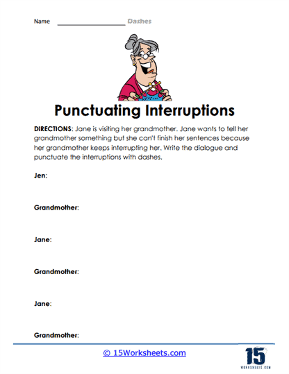 Practice worksheet for placing dashes to indicate pauses in eighth grade phonics lesson 20 Eighth grade phonics worksheet showing how to use one or two dashes for pauses in sentences