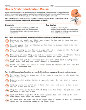 Use a Dash to Indicate a Pause exercise for eighth graders on pause placement Eighth grade phonics worksheet showing practice sentences with dashes to mark pauses