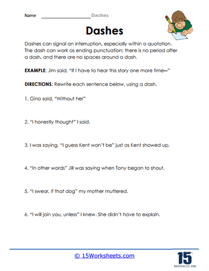 Punctuating a Pause: Commas and Dashes Worksheet for Students Eighth-grade worksheet on using commas and dashes to create pauses in writing