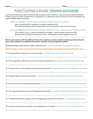 Educational resource for understanding punctuation differences between commas and dashes Eighth grade worksheet on using commas and dashes to indicate pauses in writing