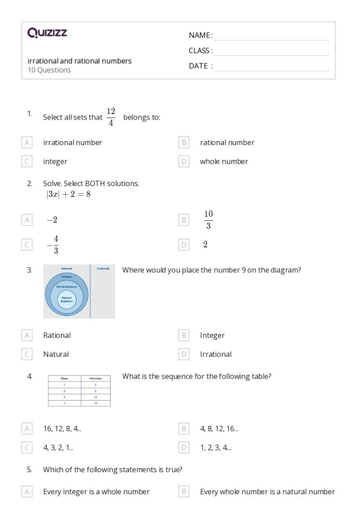 Worksheet image for the Rational and Irrational Numbers: True or False activity for eighth graders Eighth-grade students analyzing true or false statements about rational and irrational numbers in a worksheet