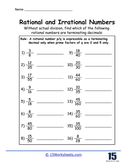 Data and Graphing worksheet for Eighth Grade Eighth-grade students evaluate statements about rational and irrational numbers in this worksheet. Rational and Irrational Numbers: True or False worksheet for eighth graders.