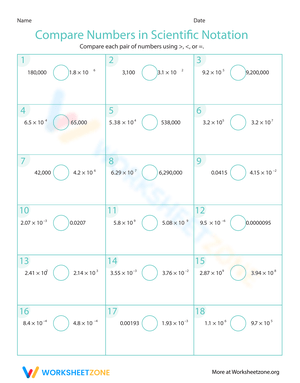 Eighth-grade worksheet for comparing scientific notation numbers in a geography context
