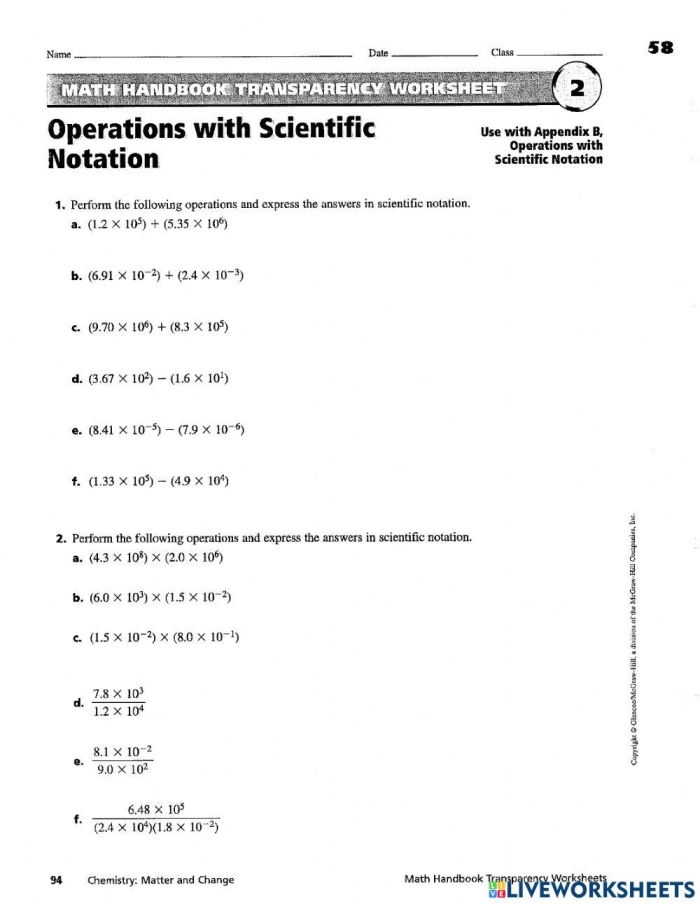 Practice worksheet showing scientific notation expressions for multiplying and dividing numbers with exponents Eighth grade students matching multiplication and division problems written in scientific notation format