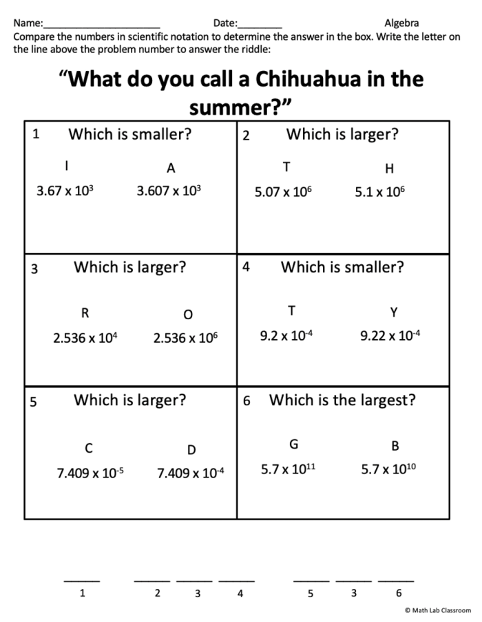 Eighth-grade student working on comparing scientific notation numbers in a math worksheet