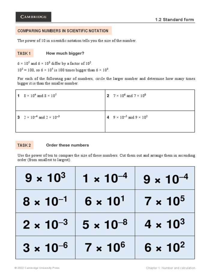 Eighth grade worksheet for comparing scientific notation numbers in a math geography context