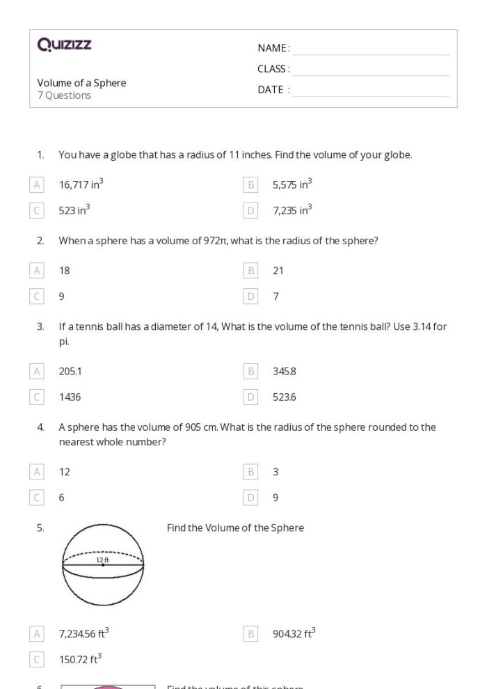 Finding the Volume of Spheres practice sheet for 8th-grade students Eighth-grade worksheet for practicing the volume of spheres in geometry