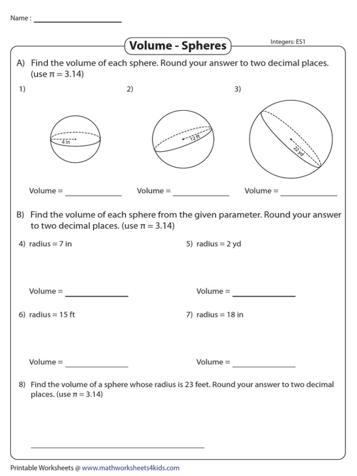 Eighth-grade geometry worksheet on finding the volume of spheres Worksheet for practicing the volume calculation of spheres for eighth-grade students
