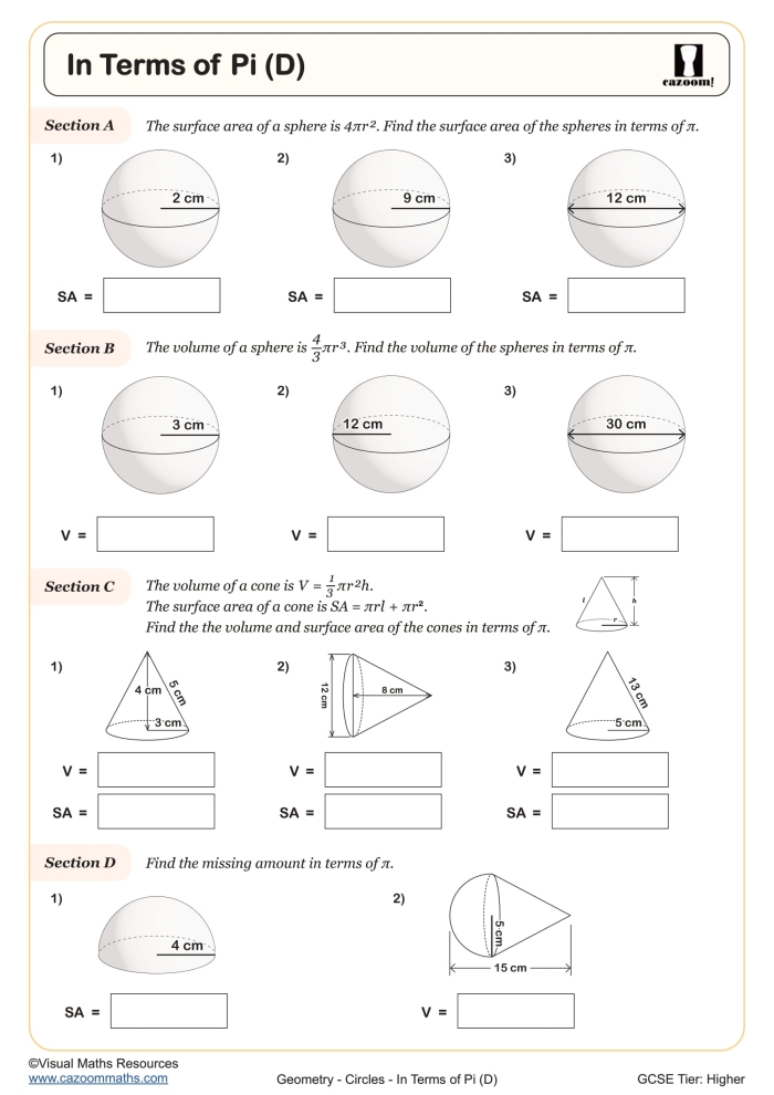 Eighth-grade geometry worksheet focused on finding sphere volumes Worksheet for practicing the volume of spheres for eighth-grade students