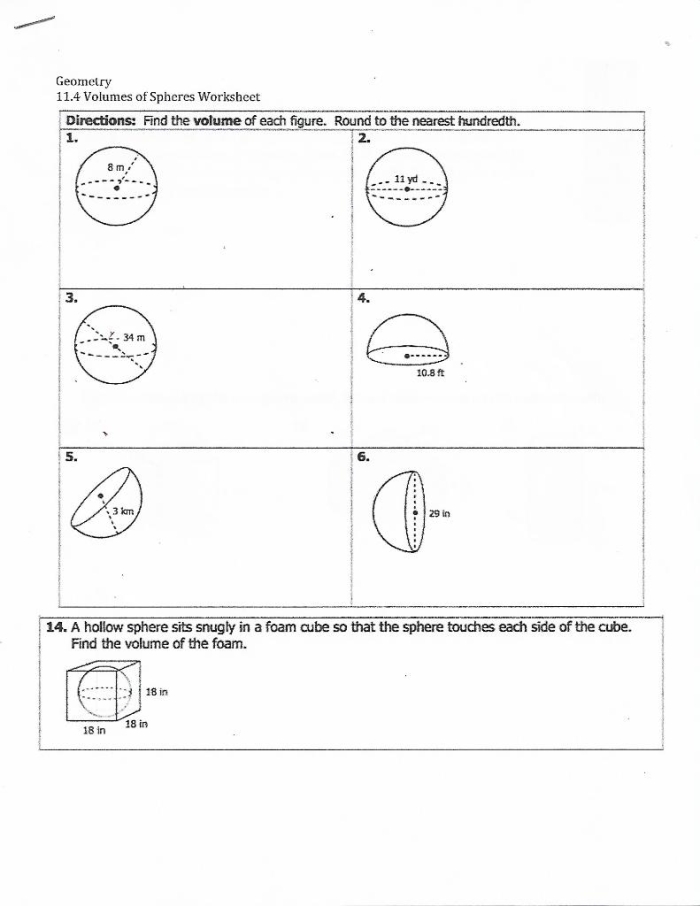 Eighth-grade geometry worksheet: Finding the Volume of Spheres, image 2 Worksheet for practicing the volume of spheres for eighth-grade students