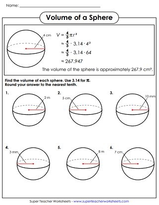 Finding the Volume of Spheres worksheet for 8th-grade geometry students Eighth-grade worksheet for practicing volume calculations of spheres