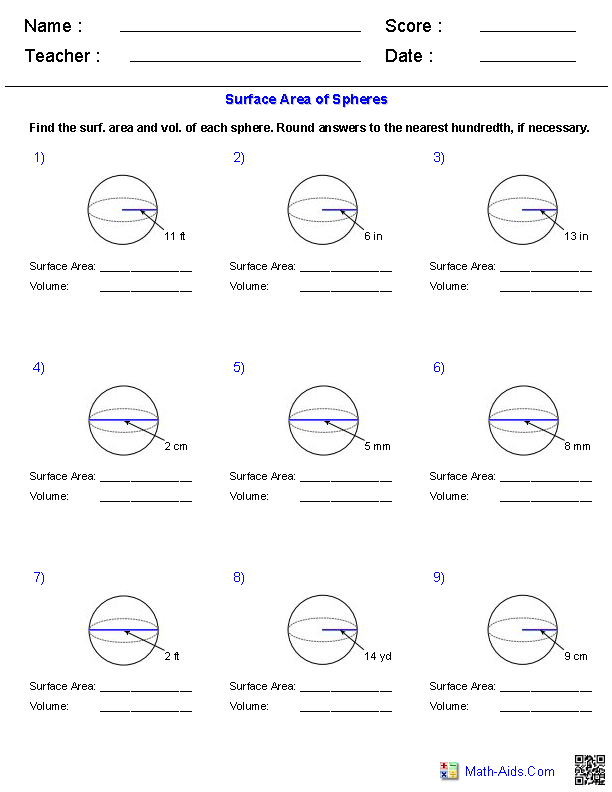 Eighth-grade geometry worksheet on finding the volume of spheres Worksheet for practicing the volume of spheres for eighth-grade geometry students