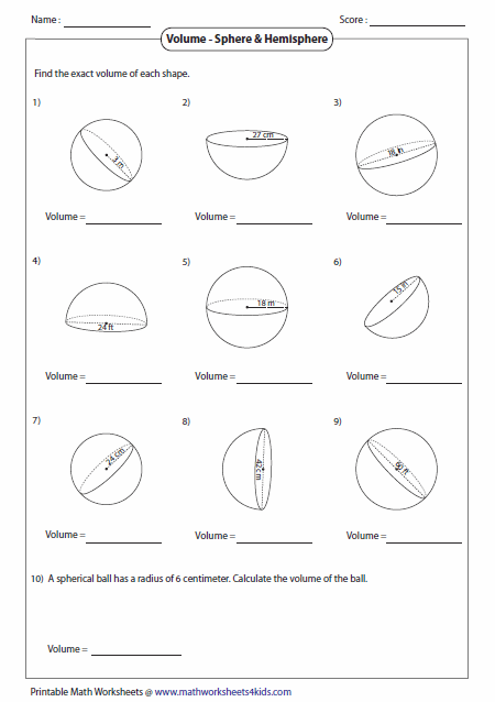 Practice exercise for finding the volume of spheres in geometry Worksheet for eighth graders on calculating the volume of spheres
