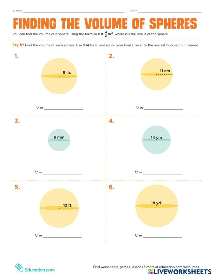 Eighth Grade Geometry: Finding the Volume of Spheres Worksheet Image 6 Worksheet for practicing how to calculate the volume of spheres for eighth graders
