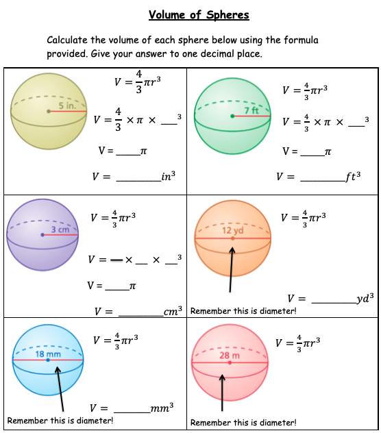 Eighth-grade geometry practice on finding the volume of spheres Worksheet for calculating the volume of spheres for eighth-grade students