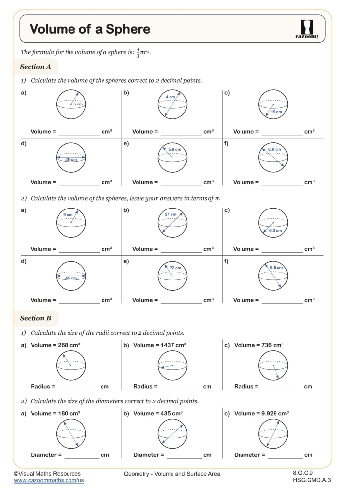 Eighth-grade geometry worksheet on finding the volume of spheres Worksheet for practicing the volume of spheres in eighth-grade geometry