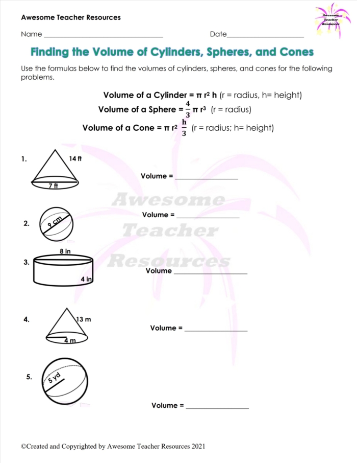 Practice sheet for finding the volume of spheres for eighth-grade students Eighth-grade geometry worksheet focused on calculating the volume of spheres