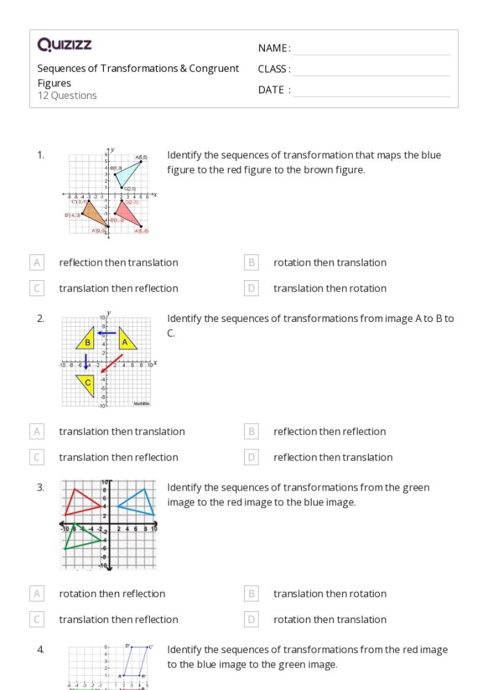 Worksheet image illustrating the concept of congruent figures through transformations Eighth-grade worksheet for identifying congruent figures using transformations on a coordinate plane