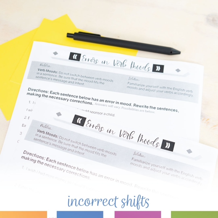 Correcting Errors in Verb Mood worksheet for students to enhance their skills Worksheet for practicing verb mood correction in eighth-grade grammar