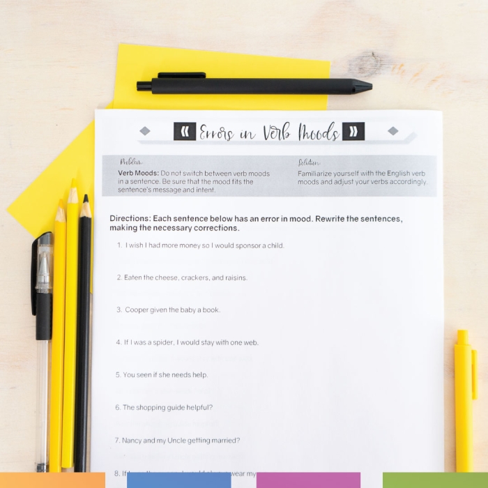 Correcting Errors in Verb Mood Worksheet for Eighth Grade Grammar Practice Worksheet for correcting errors in verb mood for eighth graders focusing on indicative and subjunctive forms