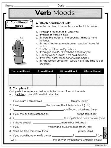 Worksheet for practicing indicative and subjunctive mood in sentences Eighth grade grammar worksheet for correcting errors in verb mood
