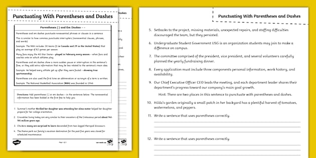 Punctuating a Pause: Commas and Dashes Educational Worksheet Worksheet on using commas and dashes to indicate pauses in writing