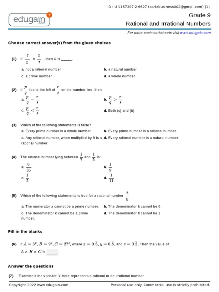 Worksheet image for determining the validity of rational and irrational number statements Eighth-grade math worksheet on identifying true or false statements about rational and irrational numbers