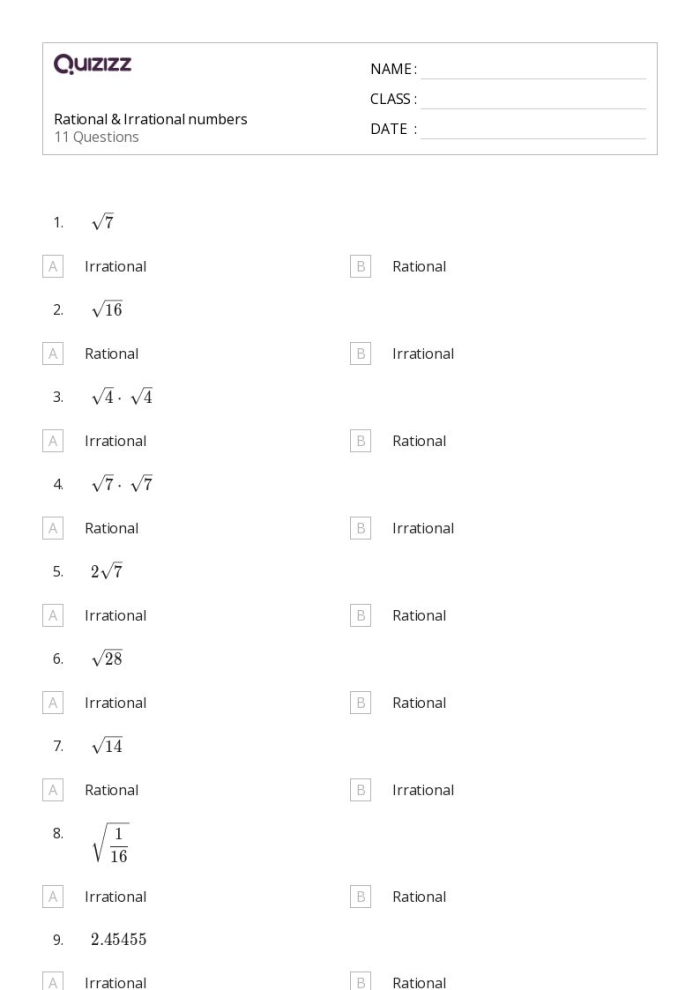 Rational and Irrational Numbers: True or False worksheet for eighth graders Eighth-grade math worksheet for identifying true or false statements about rational and irrational numbers