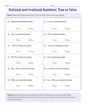 Worksheet image for Rational and Irrational Numbers: True or False activity for eighth graders Eighth-grade students evaluating true or false statements on rational and irrational numbers in a worksheet