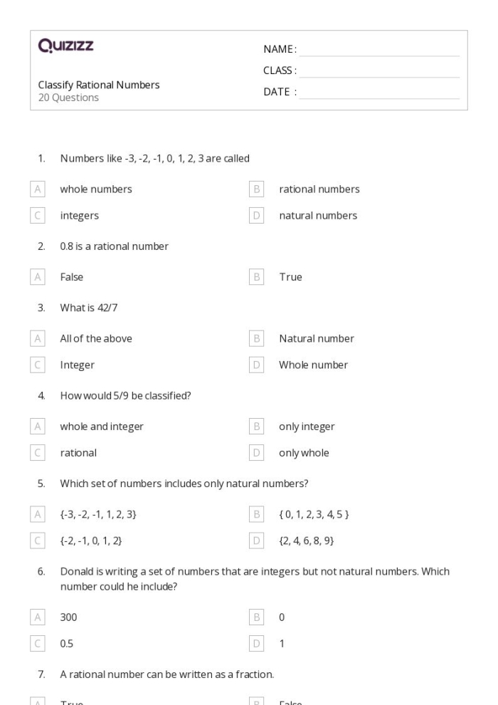 Worksheet image for determining the truth of rational and irrational number statements Eighth-grade students evaluating true or false statements about rational and irrational numbers in a worksheet