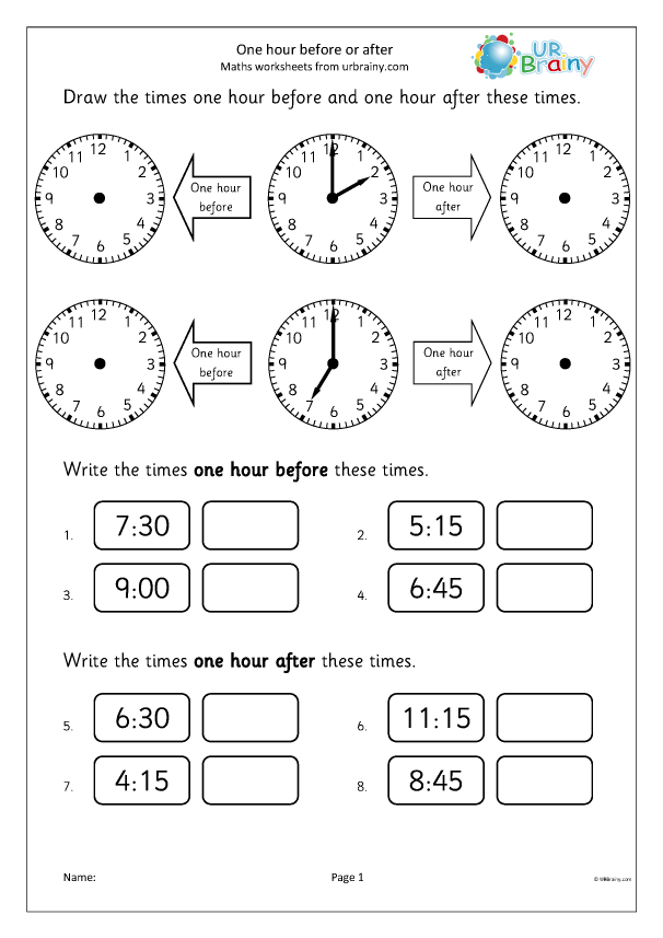 First grader solving an elapsed time subtraction worksheet focused on one hour later