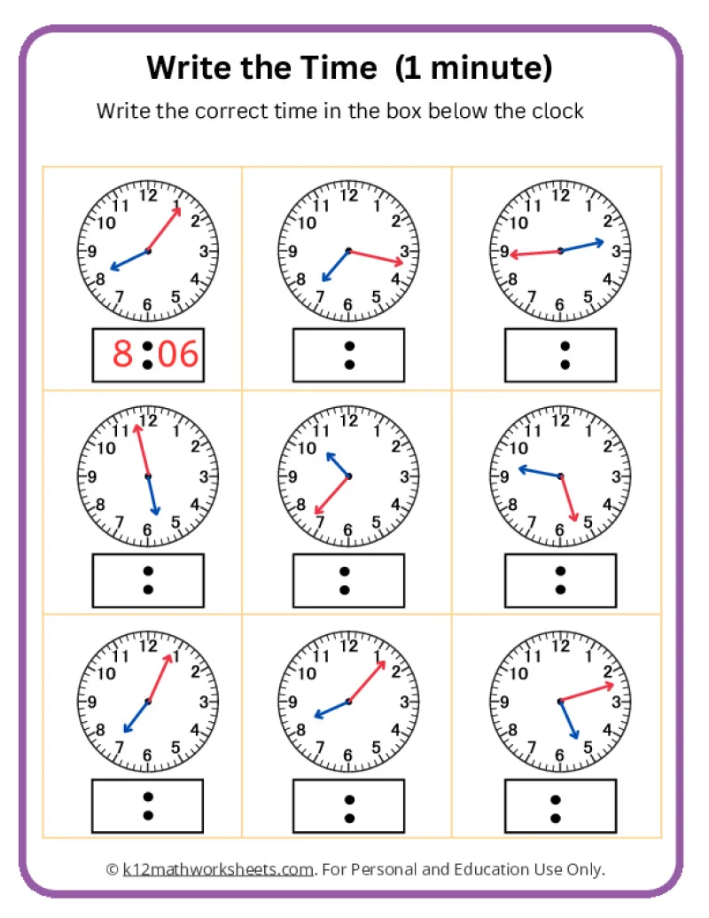 First grader practicing elapsed time subtraction with a one hour later worksheet