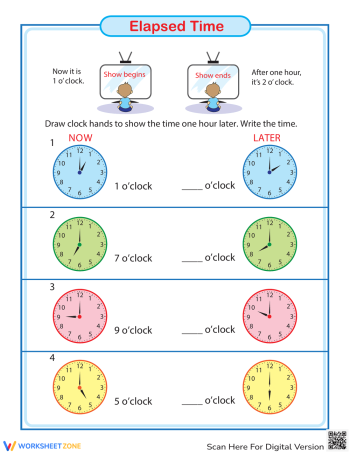 First grader practicing subtraction with an elapsed time worksheet focused on one hour later