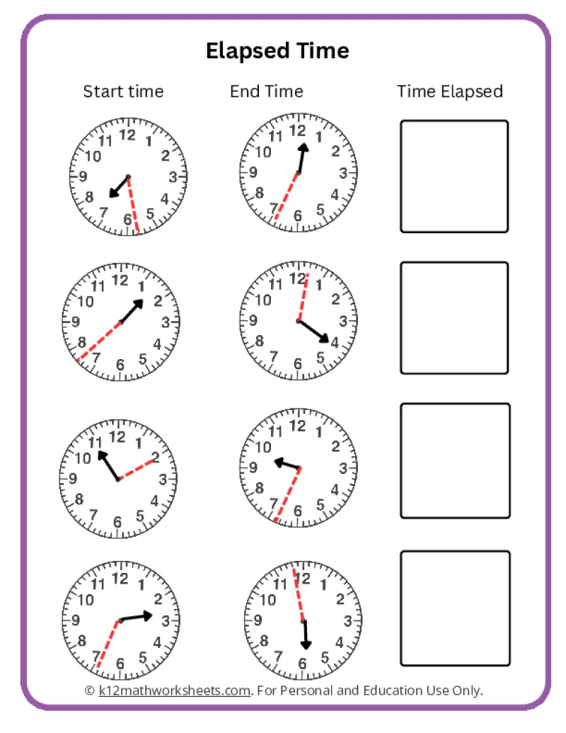 First grader practicing subtraction with an elapsed time worksheet focused on one hour later
