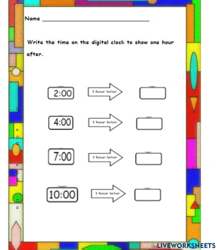 First grader practicing elapsed time subtraction on a worksheet