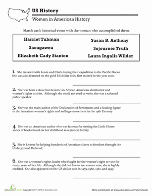 Famous Female Figures Matching Exercise for Elementary History Students Fifth grade worksheet featuring portraits of famous women in American history with matching accomplishments activity