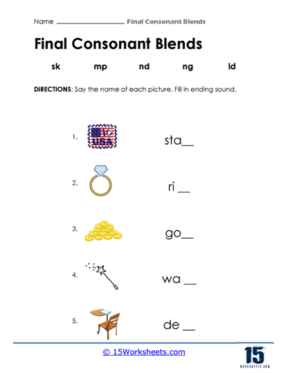 Ending consonant blends exercise for first graders with mixed-up words on worksheet 11 First grade spelling worksheet with jumbled words for ending consonant blends