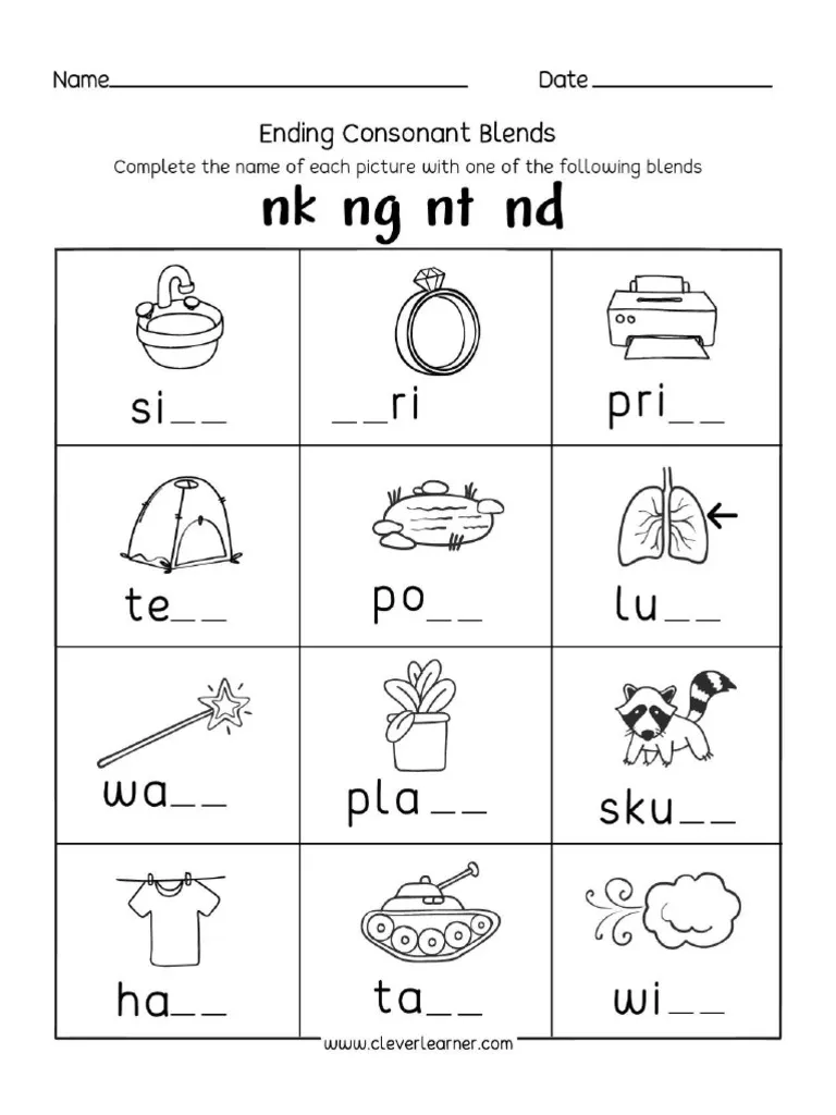 Ending Consonant Blends practice worksheet for young learners, image 6 First Grade spelling worksheet with ending consonant blends matching activity