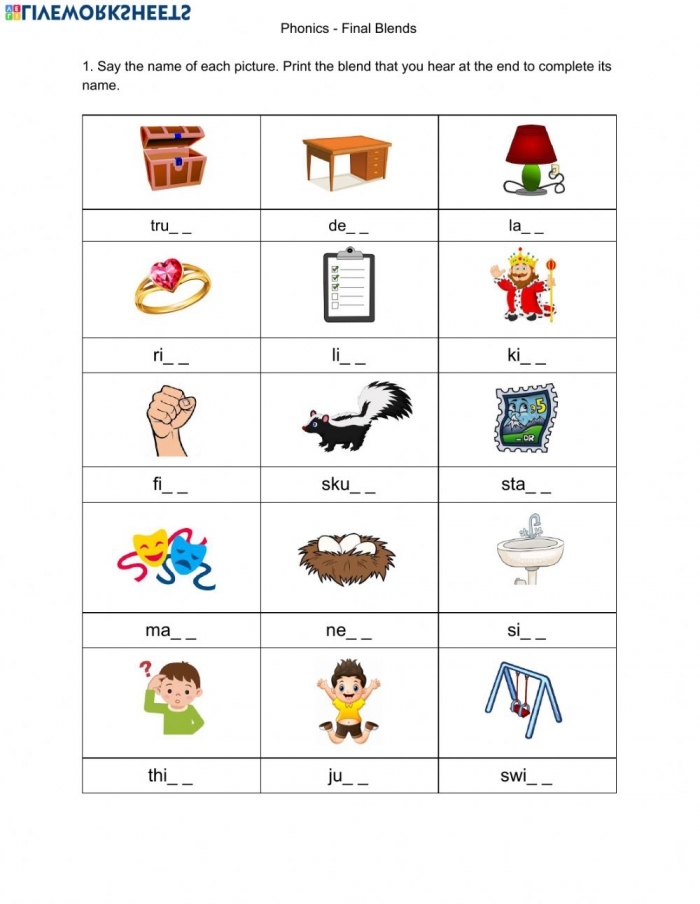 Ending Consonant Blends activity for young learners to match word beginnings and endings 21 First Grade spelling worksheet with jumbled words for ending consonant blends practice