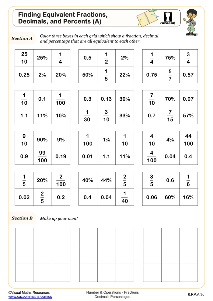 Fourth grade math worksheet showing equivalent fractions and decimals practice problems for students