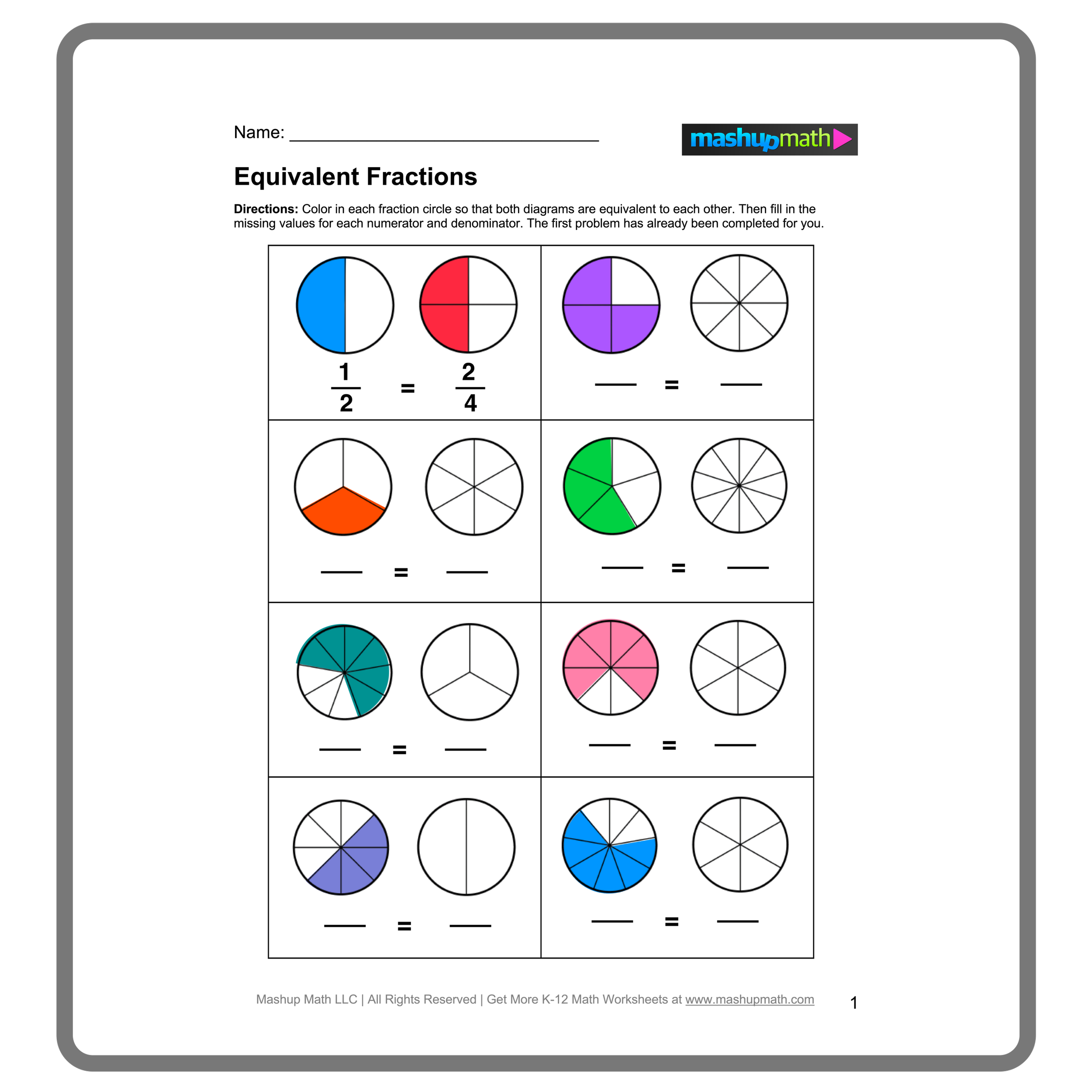 Third grade worksheet showing whole numbers represented as equivalent fractions on a number line