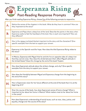 Esperanza Rising Different Point of View worksheet for fifth grade novel study activity