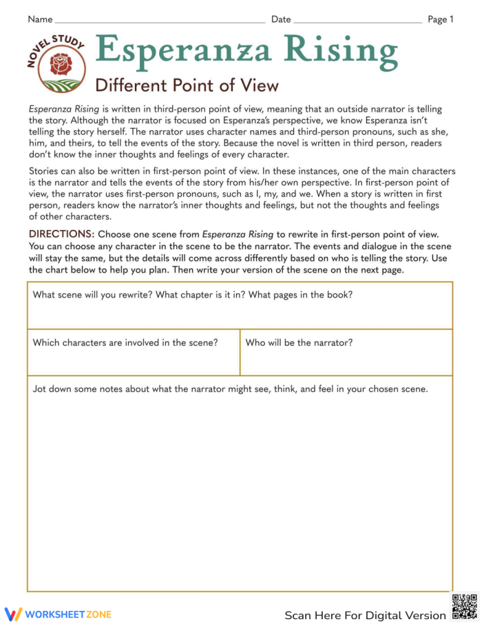 Fifth grade students working on a point of view worksheet for Esperanza Rising novel study