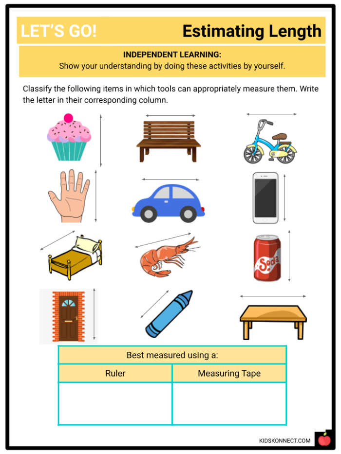 Worksheet featuring a crayon and marker for estimating, measuring, and comparing lengths in a second-grade classroom. Estimate, Measure, and Compare Worksheet for Second Graders - Image 14